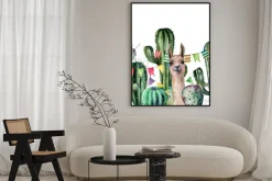 Plakat: Watercolor card with llama looks out from the thickets of the