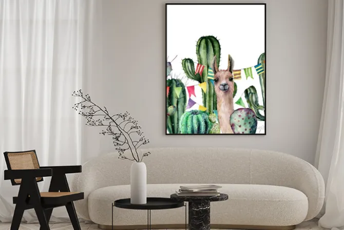 Plakat: Watercolor card with llama looks out from the thickets of the