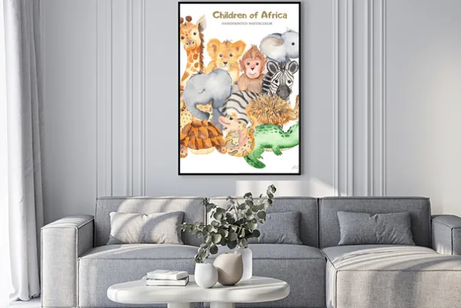 Plakat: Watercolor card with cute characters of african animals. template
