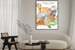 Plakat: Watercolor card with cute characters of african animals. template