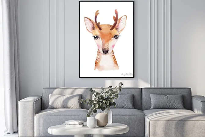 Plakat: Watercolor cartoon isolated cute baby deer animal with flowers.