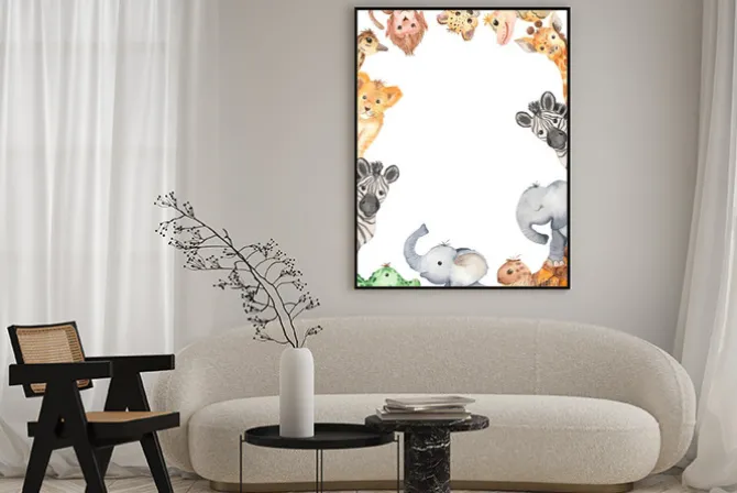 Plakat: Watercolor frame with cute cartoon animals of africa. template