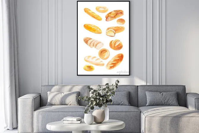 Plakat: Watercolor illustration of different buns and bread. isolated