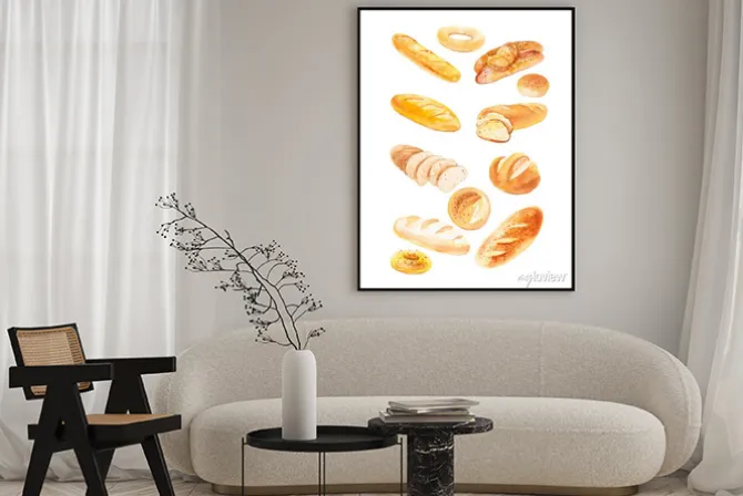 Plakat: Watercolor illustration of different buns and bread. isolated