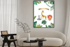 Plakat: Watercolor invitation with wild animals and jungle leaves. children