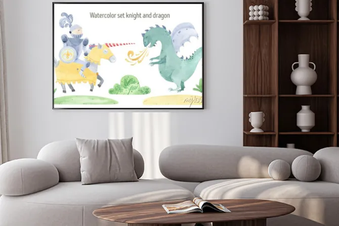 Plakat: Watercolor knight and dragon duel