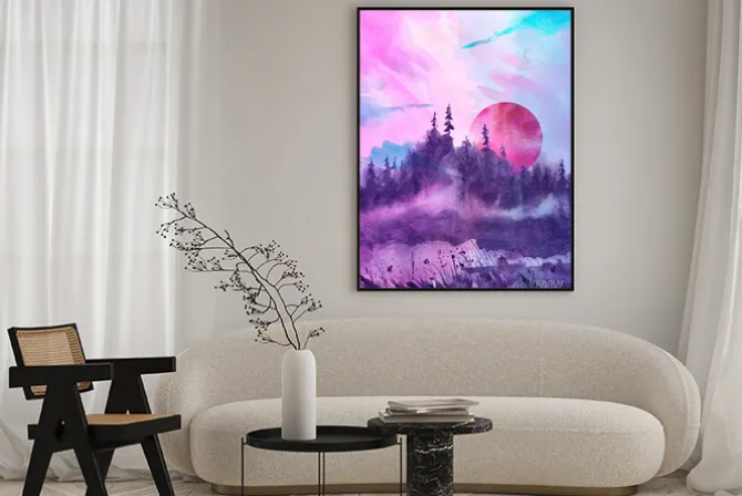 Plakat: Watercolor logo, postcard, background silhouette of the forest,