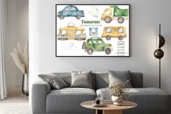 Plakat: Watercolor set with a cute cartoon kids transport for a boy.