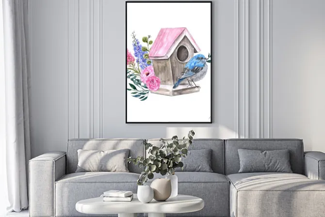 Plakat: Watercolor spring bird sitting on a birdhouse illustration. holiday