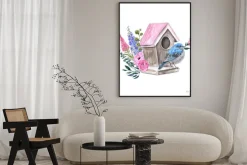 Plakat: Watercolor spring bird sitting on a birdhouse illustration. holiday