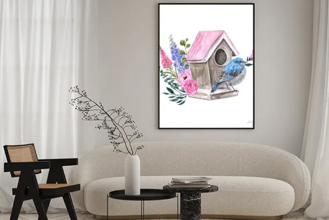 Plakat: Watercolor spring bird sitting on a birdhouse illustration. holiday