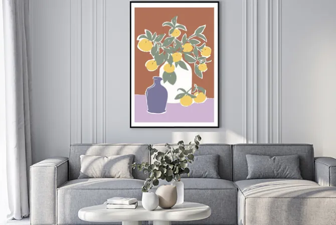 Plakat: Wazon z soczystymi cytrynami na tle w ciepłych brązach