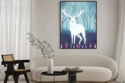 Plakat: White deer in a forest. colorful illustration portrait of beautiful