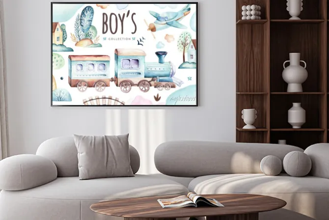 Plakat: Świat chłopców. kreskówka samolot i waggon ilustracja lokomotywa