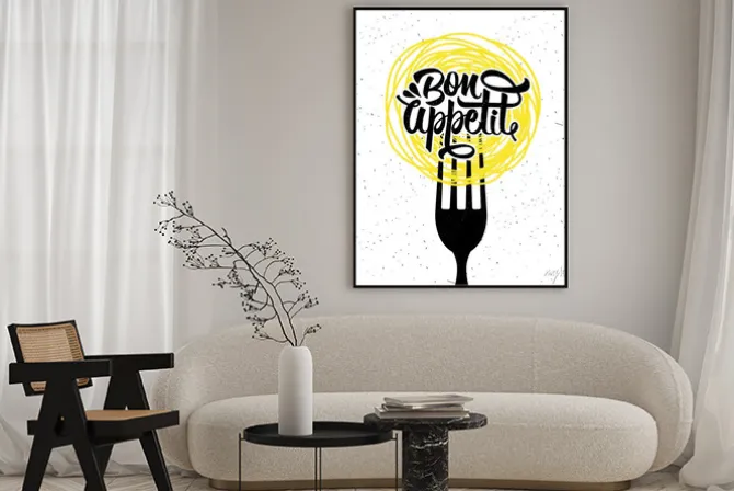 Plakat: Widelec z makaronem i napisem bon appetit