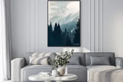 Plakat: Świerkowy las w górach o poranku