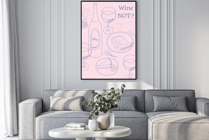 Plakat: Wine not nowoczesna ilustracja na różowym tle