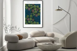 Plakat: Winogrona na tle niebieskich liści w stylu william morris