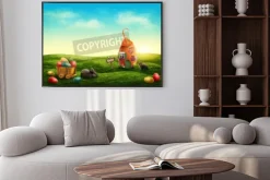 Plakat: Wiosenne jajko wielkanoc łąka z domu i królików