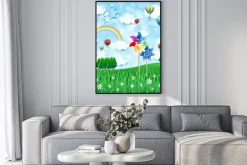 Plakat: Wiosna krajobraz z wiatraczek i balonów na ogrzane powietrze