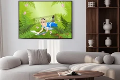 Plakat: Wonderland alicja czyta książkę na trawniku paproci