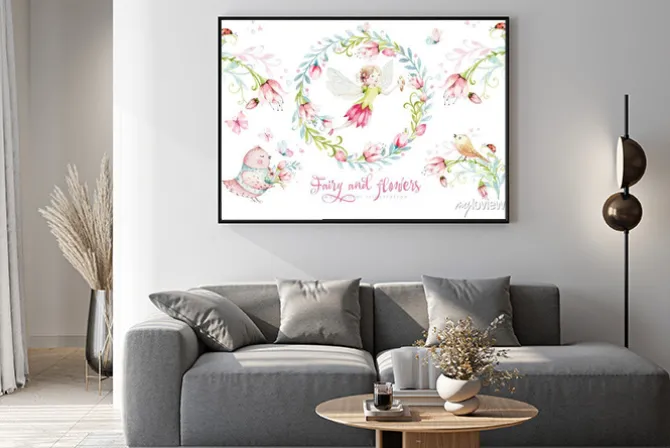 Plakat: Wróżka z kwiatami i ptakami