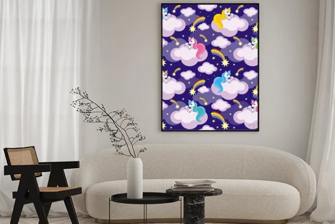 Plakat: Wróżki dzieci bez szwu deseń z wizerunkiem uroczych jednorożec.