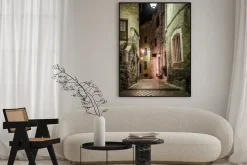 Plakat: Wąska brukowana ulica z kwiatami w starej wiosce tourrettes