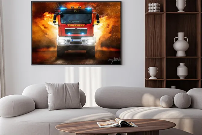 Plakat: Wóz strażacki i płomienie