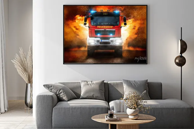 Plakat: Wóz strażacki i płomienie