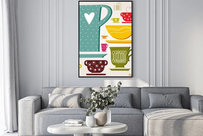 Plakat: Wzór z kolorowymi filiżankami