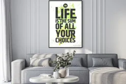 Plakat: Życie jest sumą wszystkich wyborów inspirujący cytat na kolorowym