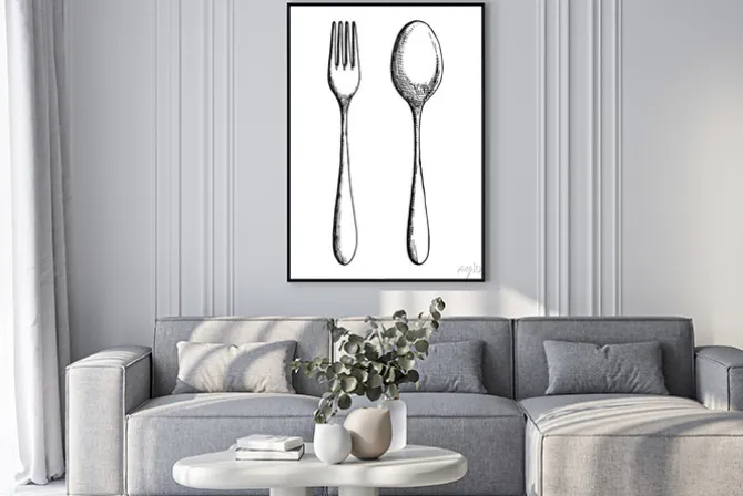 Plakat: Łyżka i widelec w stylu rysunku