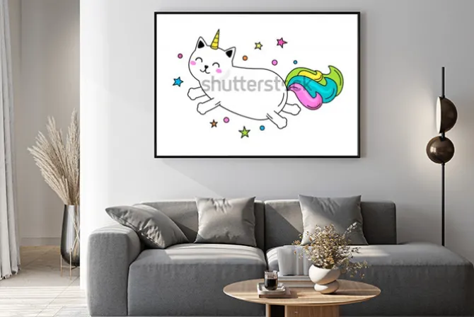 Plakat: Zabawna postać kota jednorożca skacze po niebie. ilustracja wektorowa
