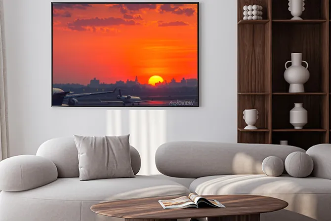 Plakat: Zachód słońca na lotnisku z samolotów gotowy do startu