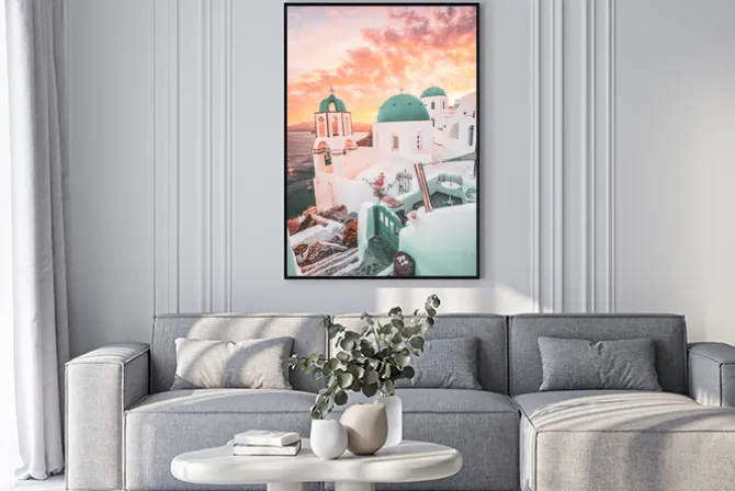 Plakat: Zachód słońca nad santorini malowniczy krajobraz