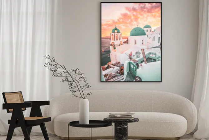 Plakat: Zachód słońca nad santorini malowniczy krajobraz