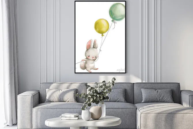 Plakat: Zajączek trzymający balony