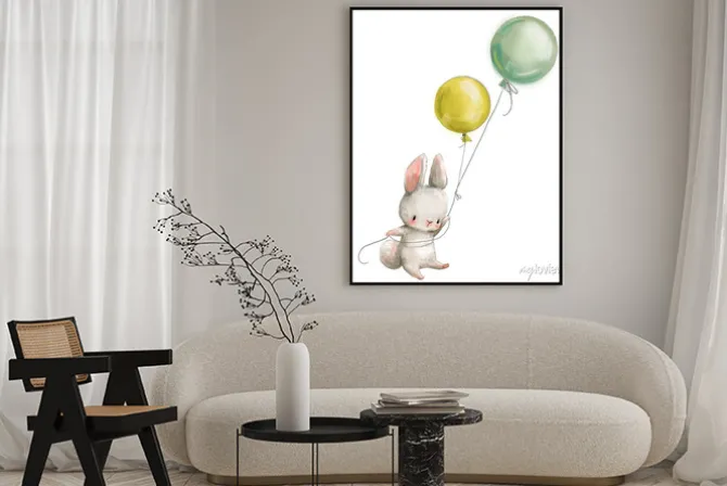 Plakat: Zajączek trzymający balony