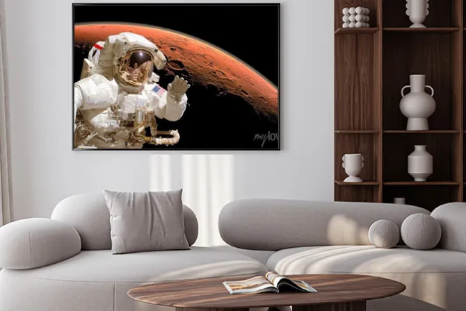 Plakat: Zamknąć z astronautów w przestrzeni kosmicznej, marsa w tle.