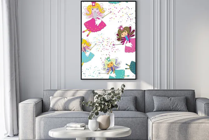 Plakat: Zębowe wróżki z magicznymi różdżkami i gwiazdami wokół. bezszwowy