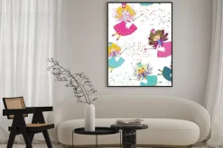 Plakat: Zębowe wróżki z magicznymi różdżkami i gwiazdami wokół. bezszwowy