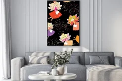 Plakat: Zębowe wróżki z magicznymi różdżkami i gwiazdami. bezszwowy wzór.