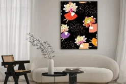 Plakat: Zębowe wróżki z magicznymi różdżkami i gwiazdami. bezszwowy wzór.