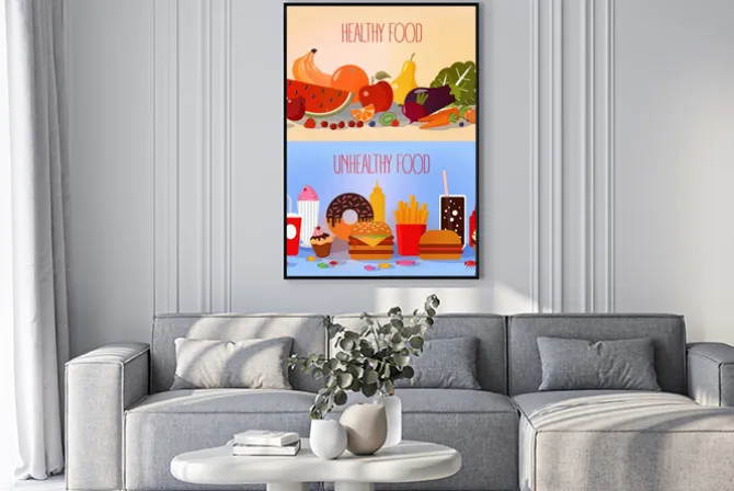 Plakat: Zdrowa żywność i niezdrowy fast food