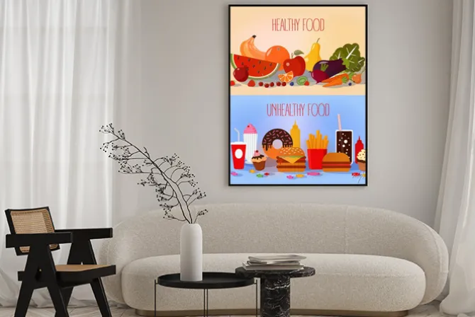 Plakat: Zdrowa żywność i niezdrowy fast food