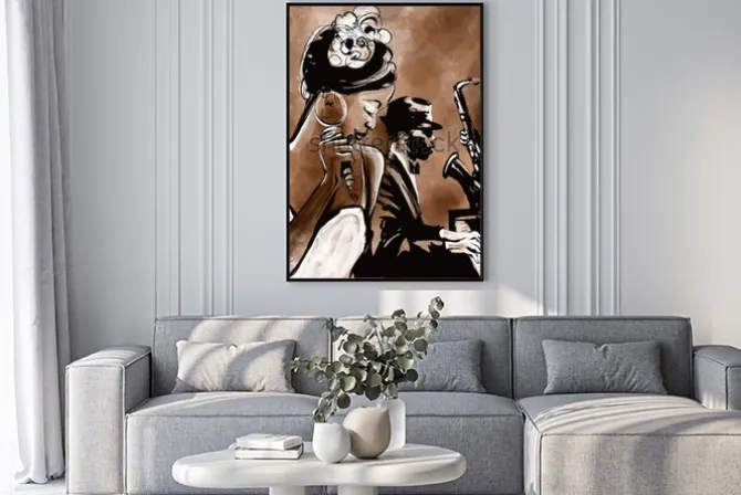 Plakat: Zespół jazzowy z fortepianem i saksofonem