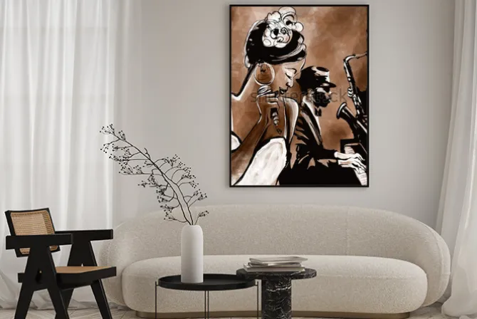 Plakat: Zespół jazzowy z fortepianem i saksofonem