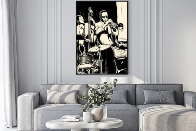 Plakat: Zespół jazzowy z kontrabas fortepian i trąbkę bębna