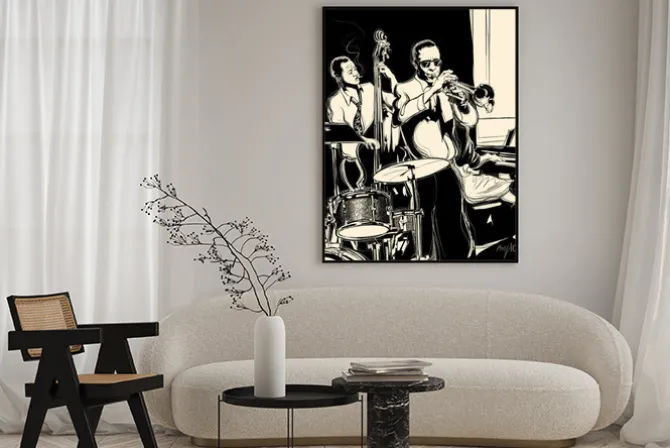 Plakat: Zespół jazzowy z kontrabas fortepian i trąbkę bębna